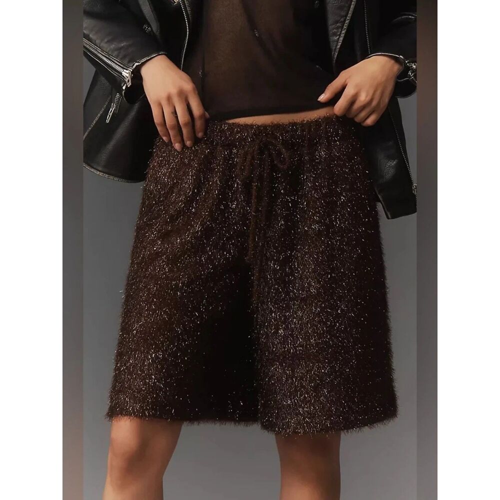 Anthropologie Maeve Tinsel High-Rise Long Shorts SZ XS NWT Brown Metallic Party - Picture 2 of 3